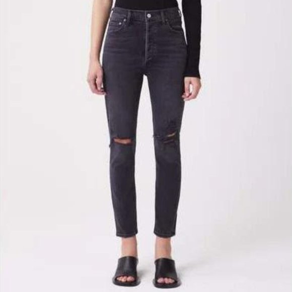 Agolde Nico High Rise Distressed Skinny Jeans In Black Cassette Size 25 - Picture 1 of 12